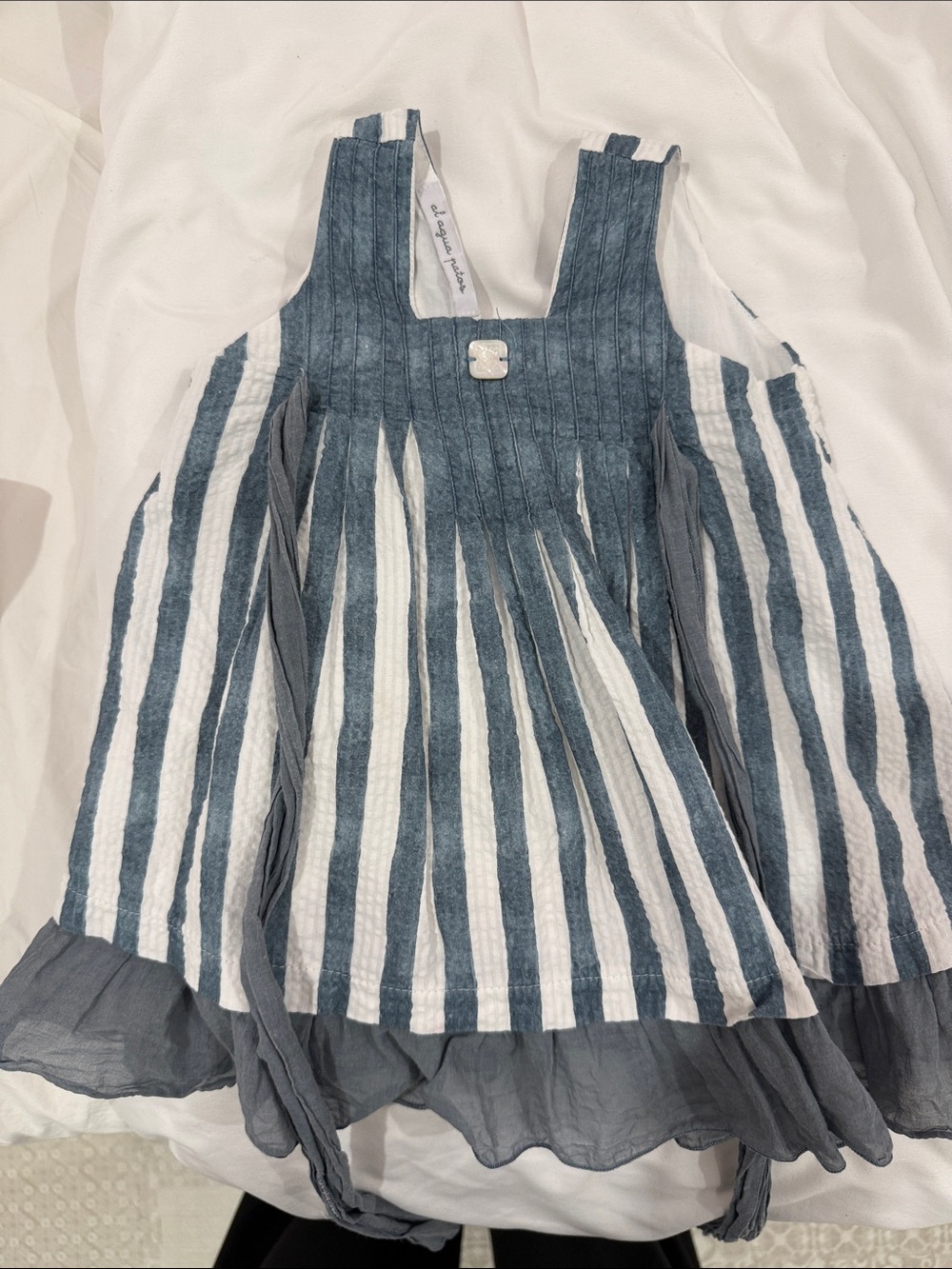 Girls Blue and White Striped Sleeveless Sundress with Ruffle Hem